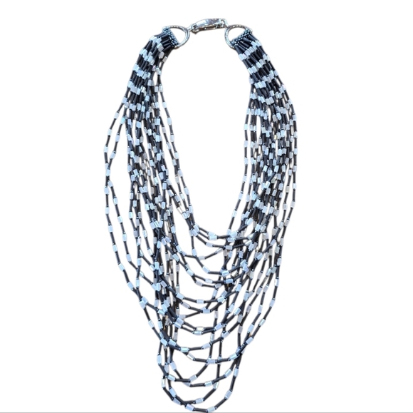 Art Deco Style Multistrand Black White Glass Bead Necklace - Picture 5 of 9